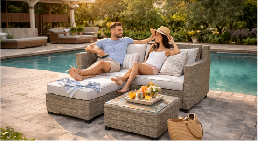 Couple on Porter Patio Set in front of the swimming pool